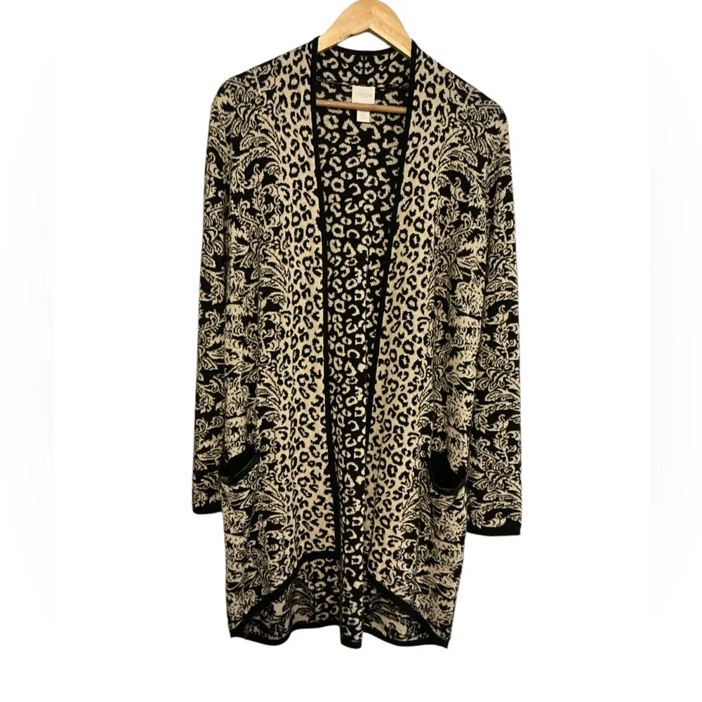 Chico’s Trimmed‎ Animal Esme Cardigan in black and white size 12 oversized